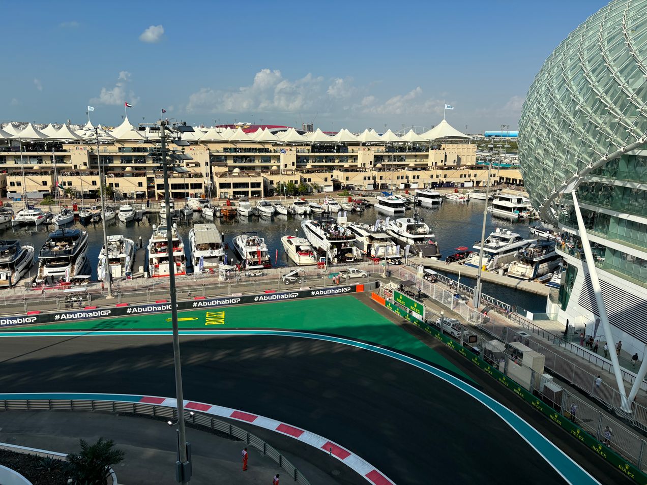 The balcony of the W Hotel Suite overlooks the harbor area of Yas Marina Circuit