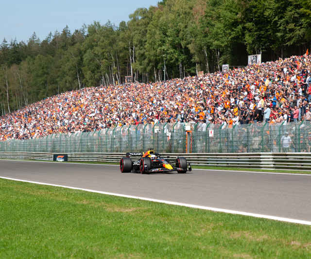 A Red Bull F1 car passes a grandstand filled with F1 fans