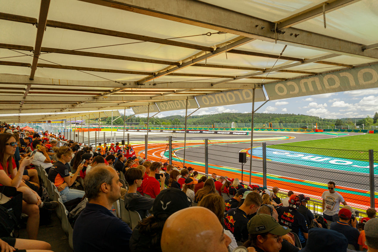 Fans on the covered Gold 6 Grandstand during the Belgian GP