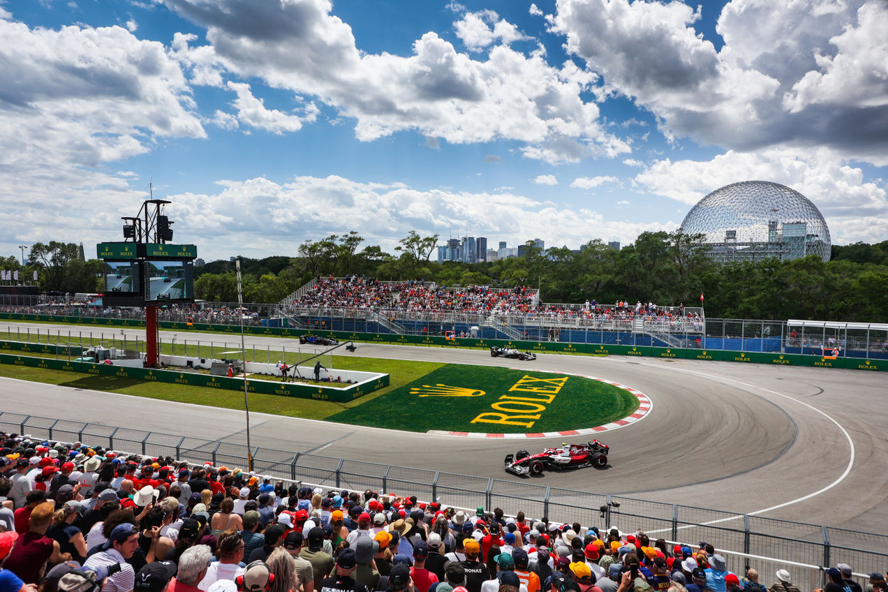 F1 cars driving through the famous hairpin section of the Canadian GP