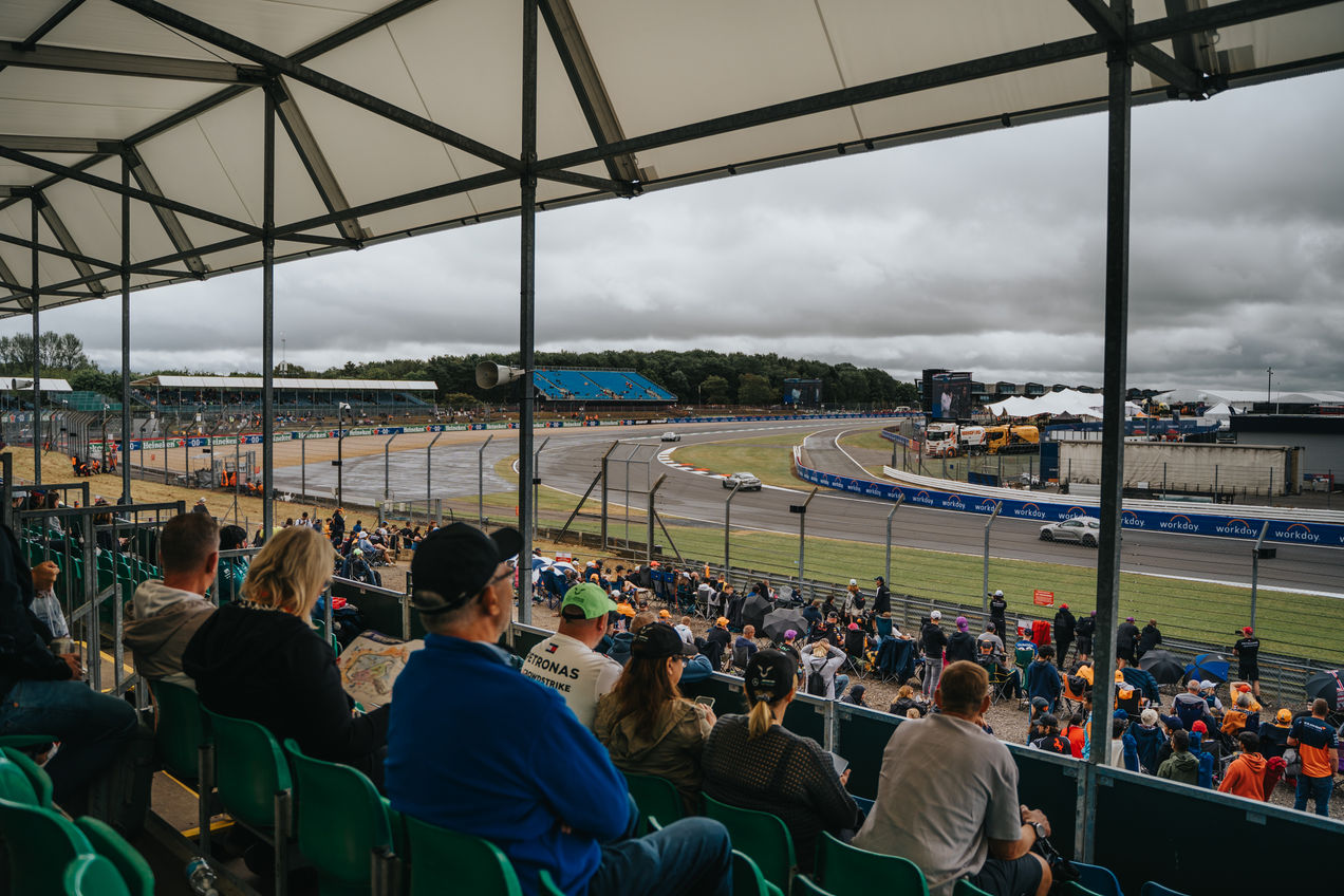 Fans on the covered Copse Grandstand during the British GP