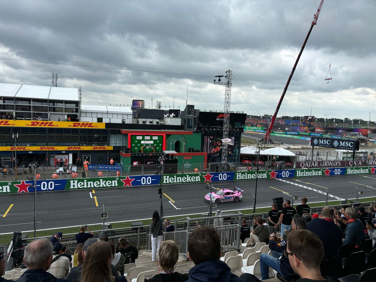 Porsche Supercup car driving past the Main Grandstand on Circuit Zandvoort