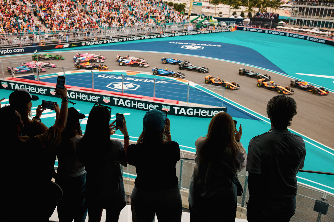 Fans on the balcony of one of the hospitality venues at the Miami GP
