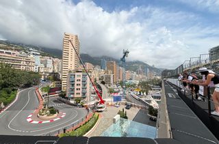 Panoramic view of the hairpin bend and the Fairmont Rooftop Grandstand at the Monaco GP