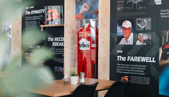 Michael Schumacher memorabilia being displayed in the Schumacher Lounge