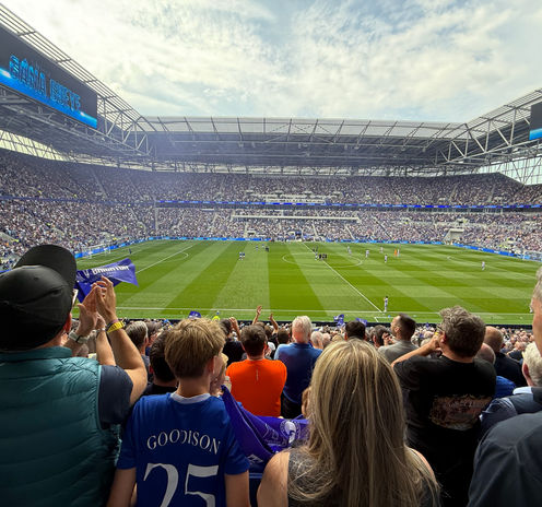 Everton fans watching a match from the stands at Goodison Park