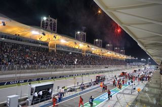 An overview of the main straight and main grandstand at the Bahrain GP