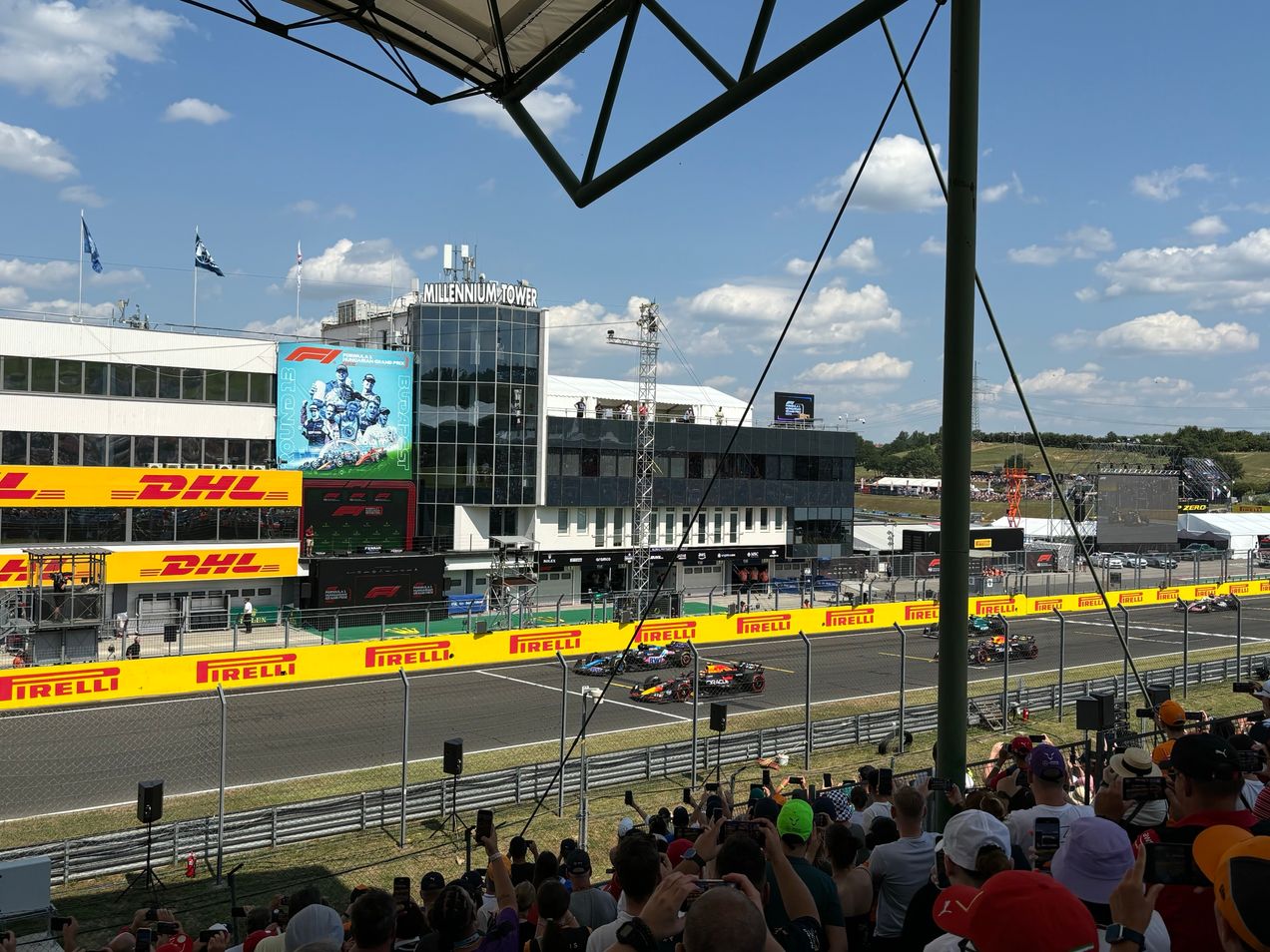 F1 cars in starting position during the Hungarian GP, seen from the Super Gold grandstand