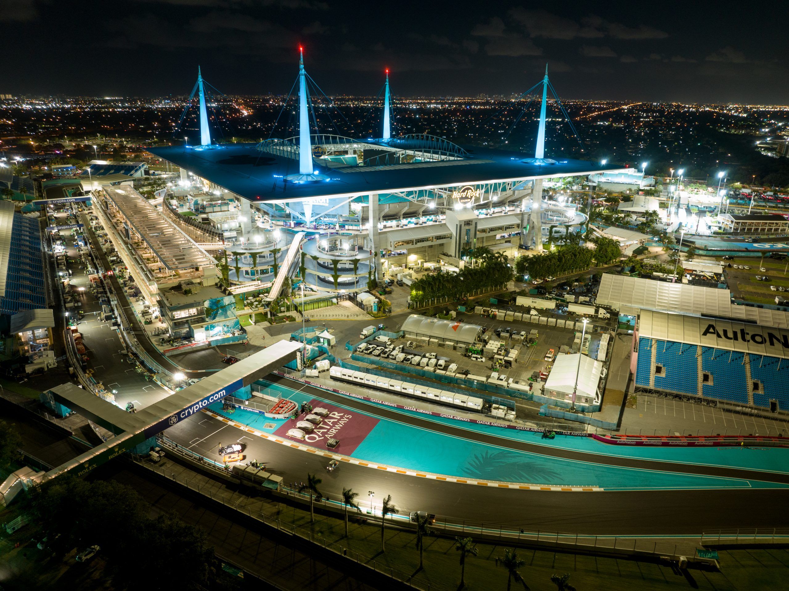Night photo Formula One F1 Grand Prix race Miami Hard Rock Stadium