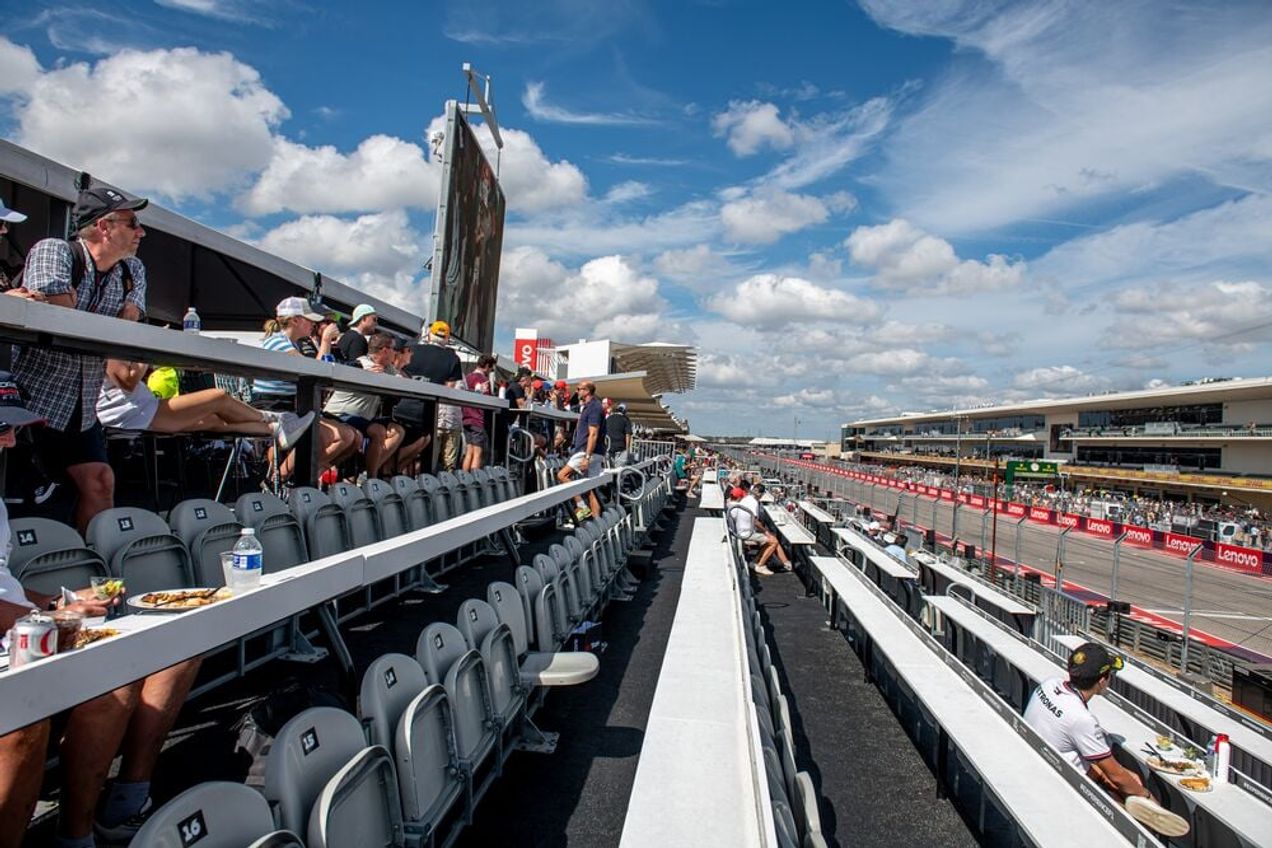 View of the Grandstand seats in front of the Champions Club in Austin