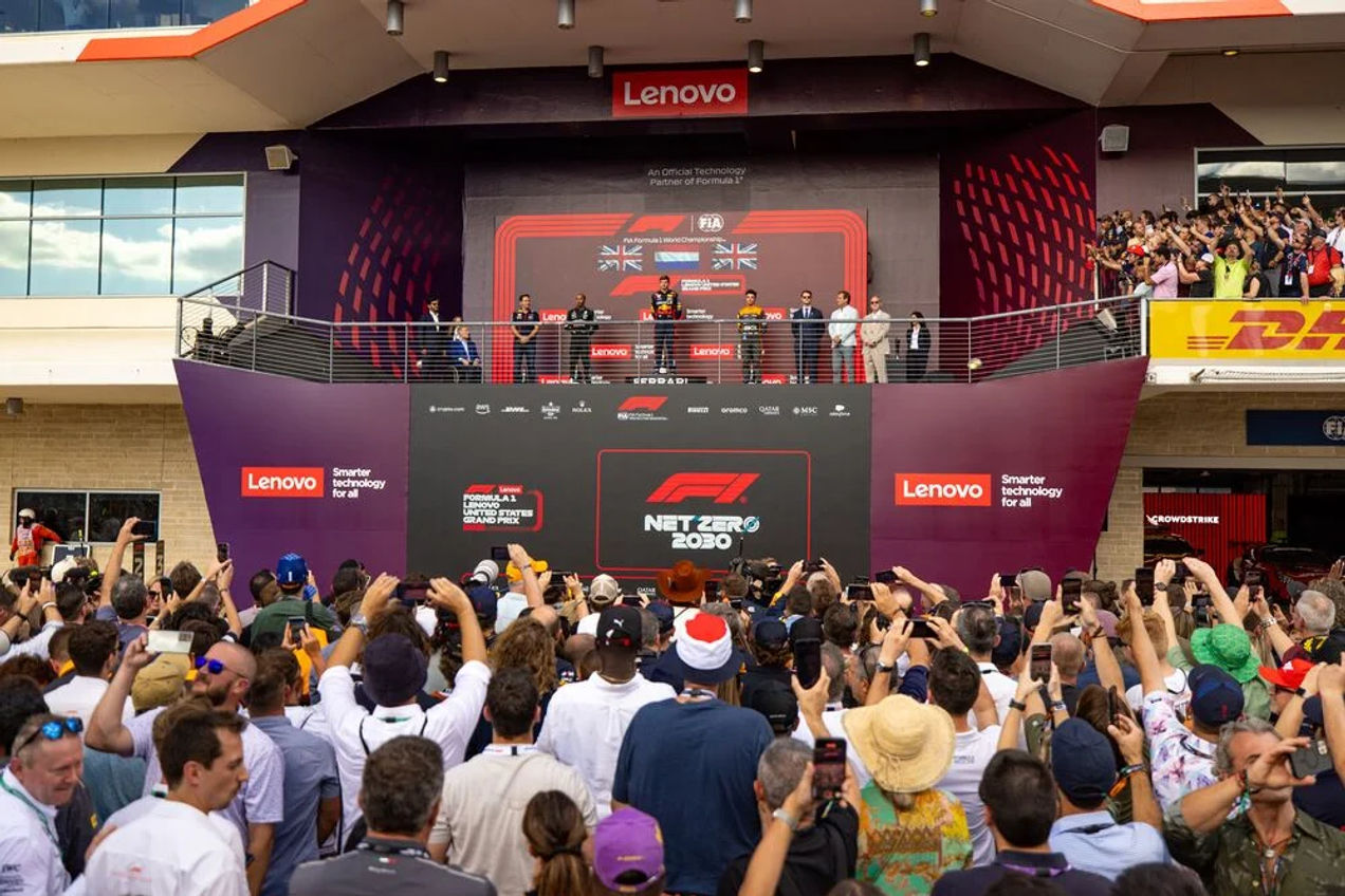 F1 fans enjoy the podium ceremony after the USA GP race at Austin