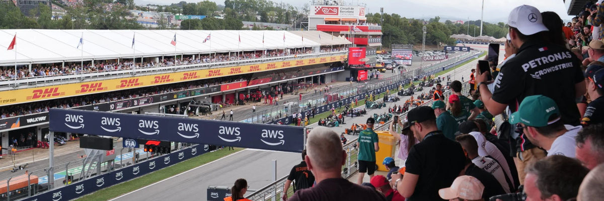 Fans on the Main Grandstand of Circuit de Barcelona-Catalunya checking out the starting line-up