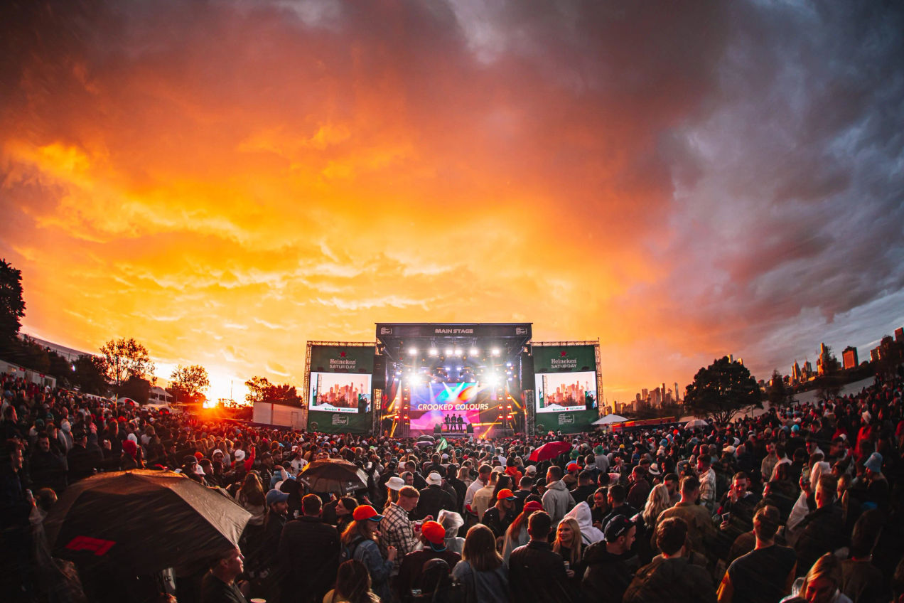A view of a concert at sunset in Albert Park for the Australian GP