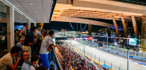 The balcony of the Champions Club at the Singapore GP overlooks a part of the main straight and Turn 1