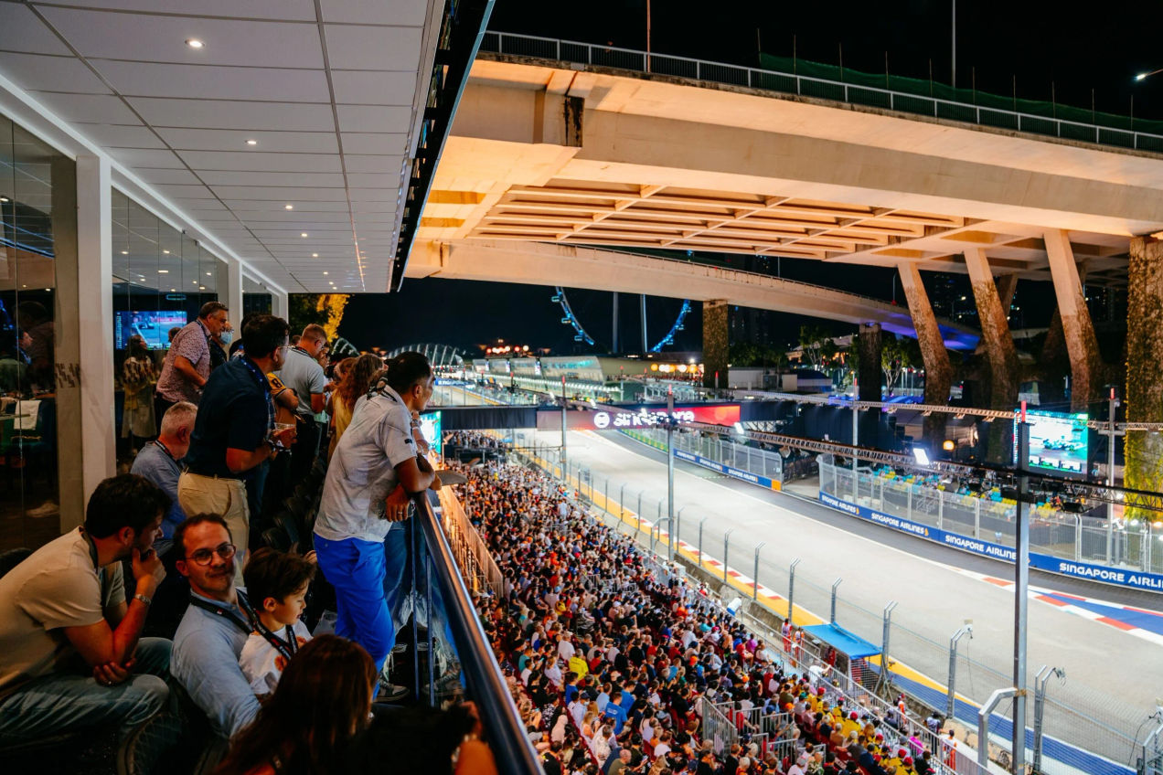 The balcony of the Champions Club at the Singapore GP overlooks a part of the main straight and Turn 1